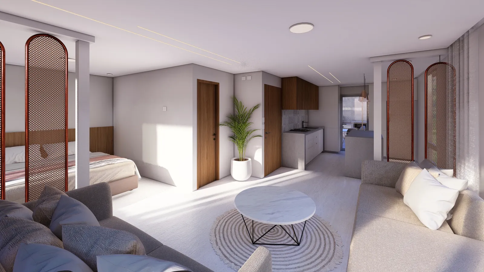 Render de acabados que se materializa en obra — proyecto Cumandá, Loja